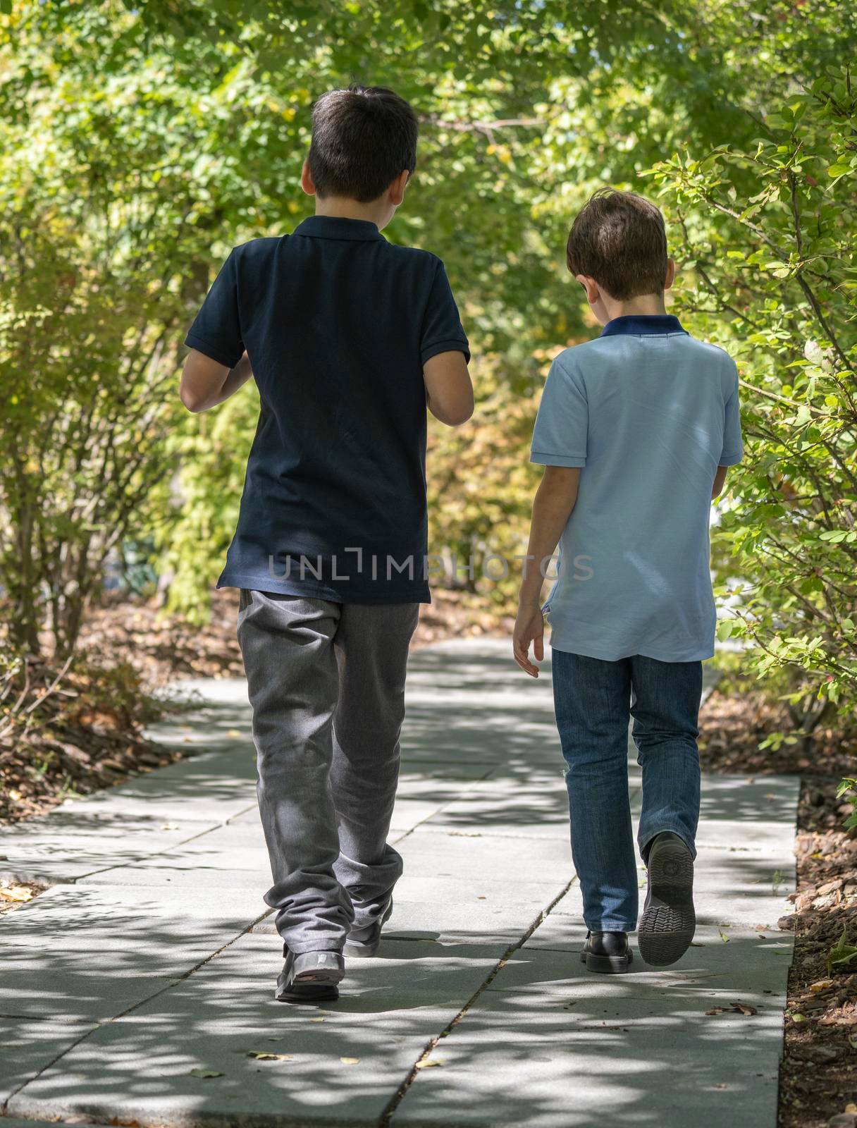 Boys brothers or friends in casual clothes walking behind the trees and shadows. Time together concept. by papatonic