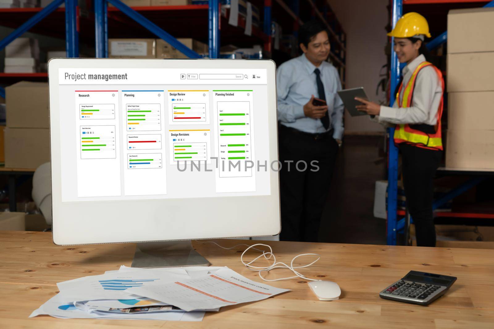 Project planning software for modish business project management on the computer screen showing timeline chart of the team project