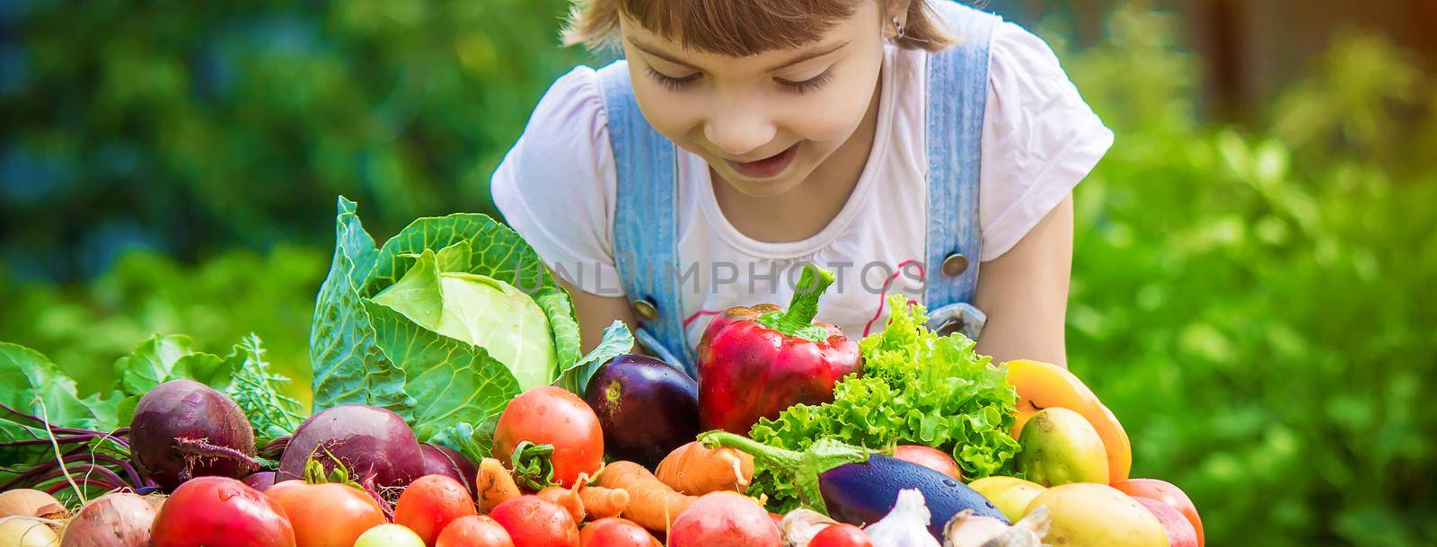 Child and vegetables on the farm. Selective focus. by yanadjana