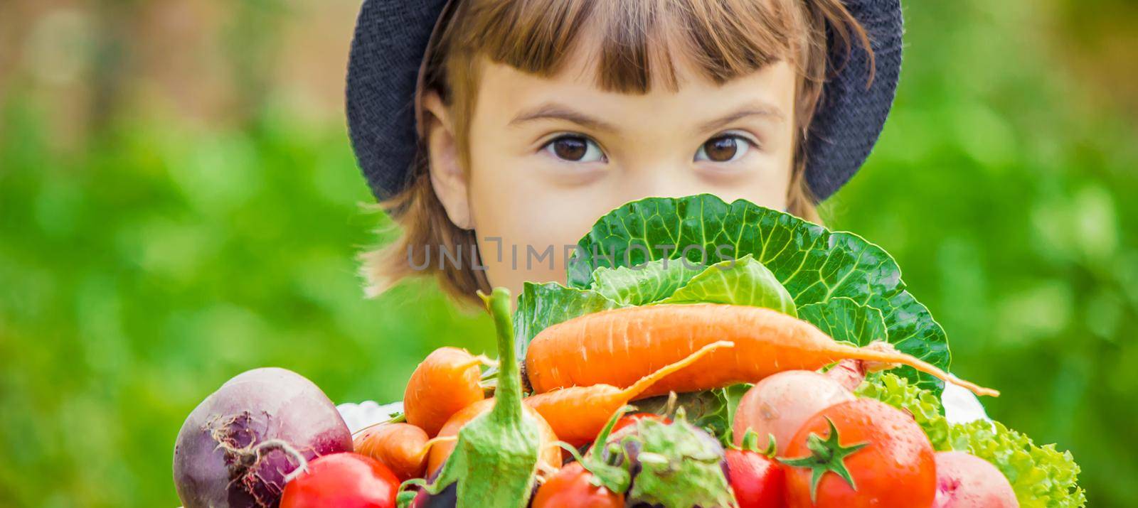 Child and vegetables on the farm. Selective focus. by yanadjana