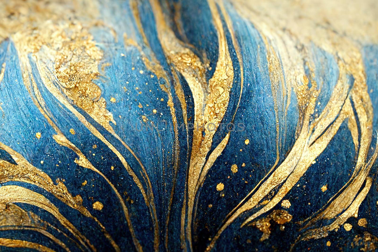 Spectacular dark blue and gold ink swirled around. Digital art 3D illustration. by biancoblue