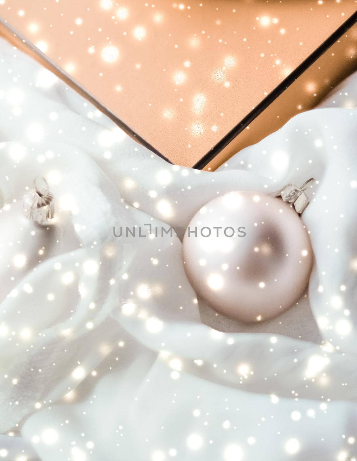 Holidays branding, glamour and decoration concept - Christmas magic holiday background, festive baubles, yellow vintage gift box and golden glitter as winter season present for luxury brand design