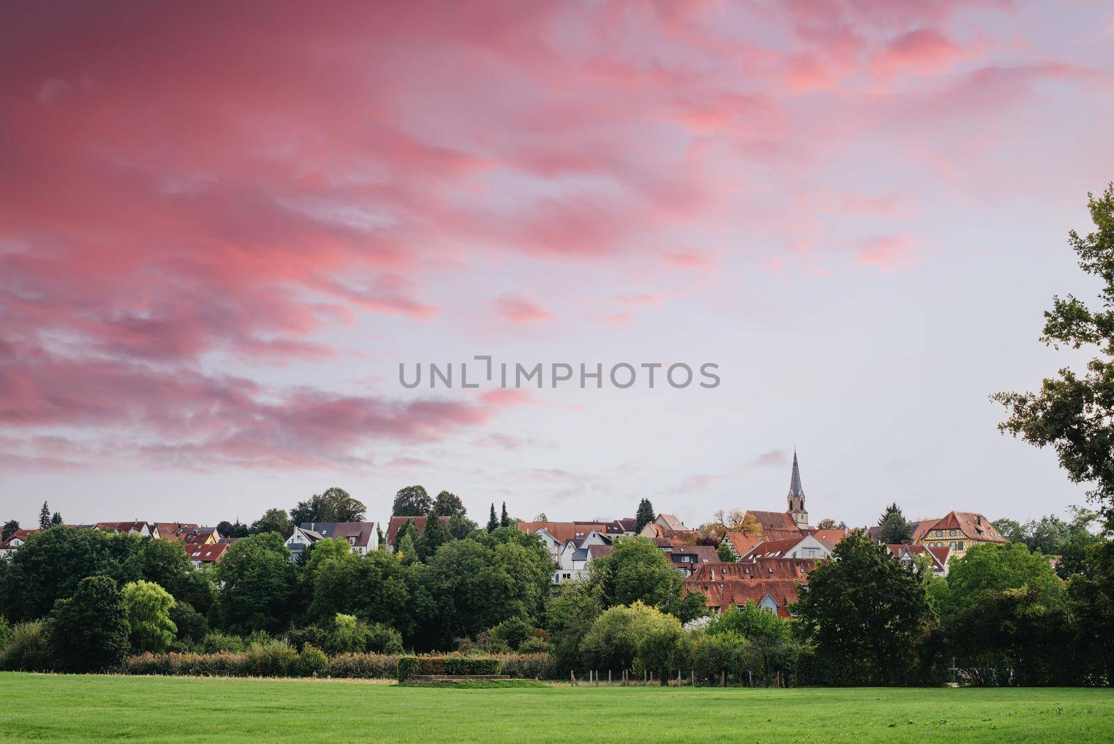 Freiberg am Neckar On the Sunset. Small European town in Baden Wurttemberg, Germany, Europe. Nekar river, southwestern Germany,