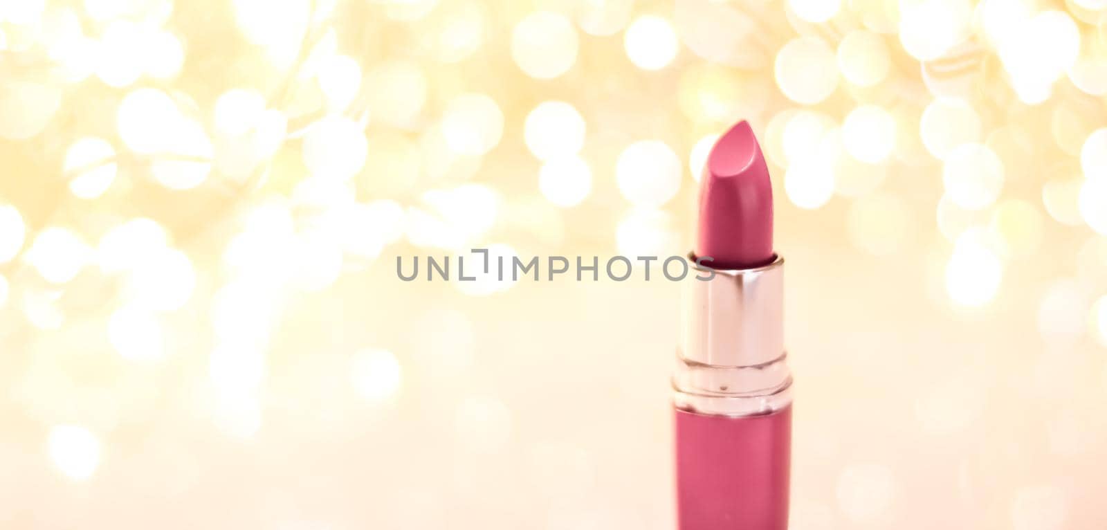 Cosmetic branding, sale and glamour concept - Rose lipstick on golden Christmas, New Years and Valentines Day holiday glitter background, make-up and cosmetics product for luxury beauty brand