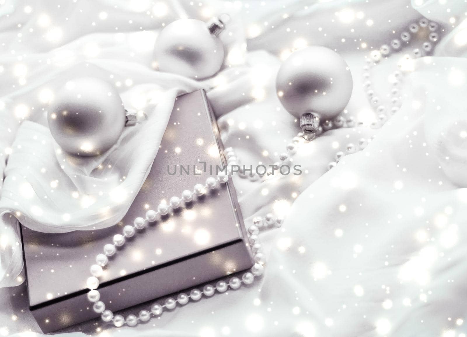 Holidays branding, glamour and decoration concept - Christmas magic holiday background, festive baubles, silver vintage gift box and golden glitter as winter season present for luxury brand design