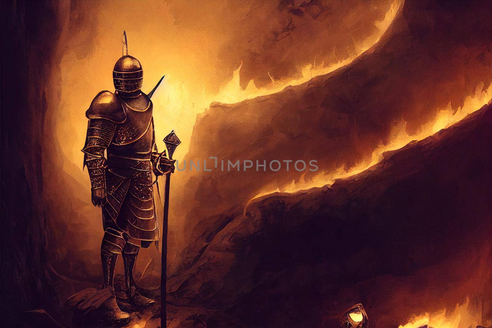 A knight in plate armor, a helmet with a sword and a shield holds a burning torch in his hand, standing at the entrance to a sinister dungeon , steps lead to the dark depths of the cave. 2d art