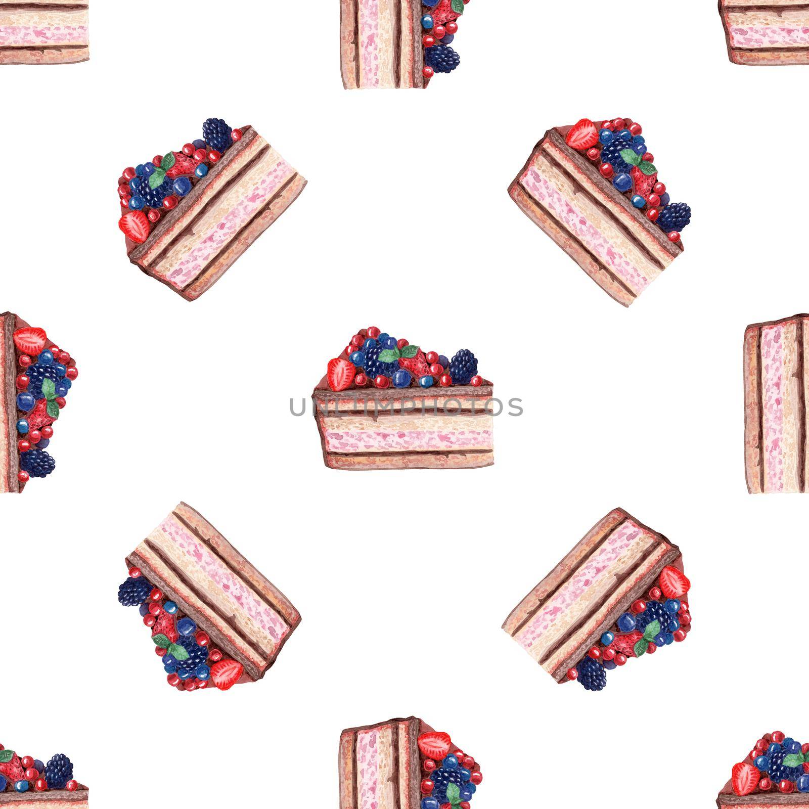 watercolor cake seamless pattern on white background. Dessert print for wallpapers, wrapping, fabric, scrapbooking paper