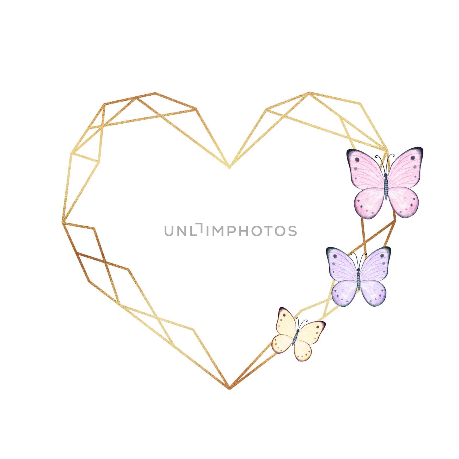 Watercolor gold heart frame with butterflies isolated on white background. by dreamloud