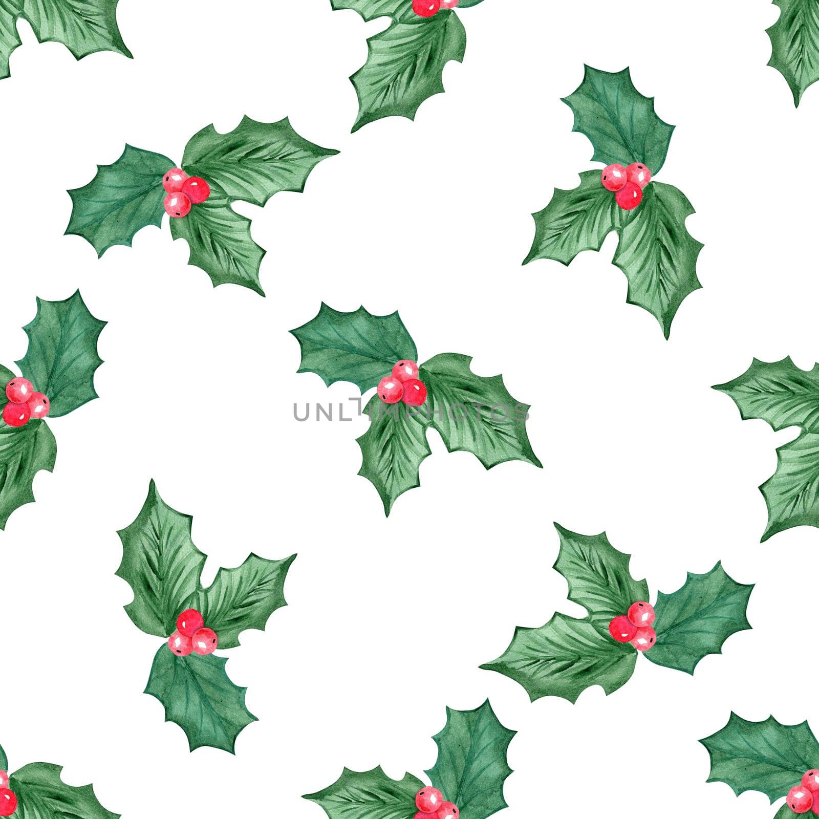 Watercolor holly leaves decor seamless pattern no white background