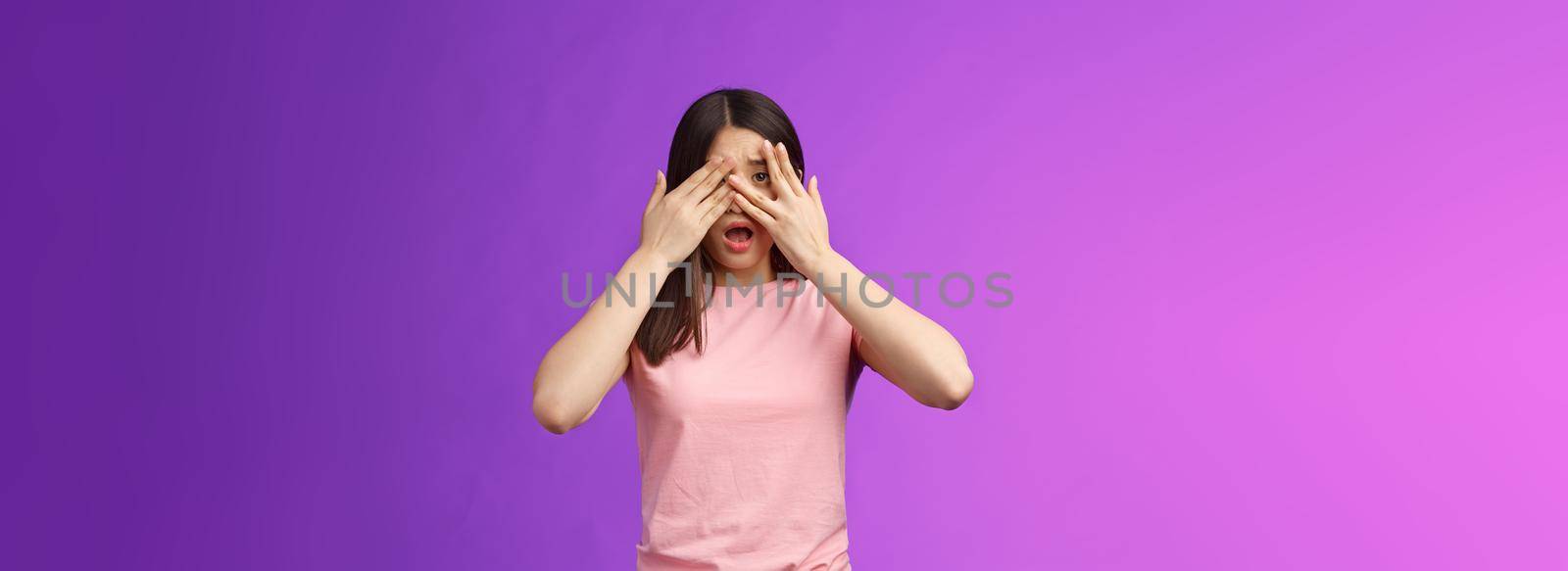 Shocked concerned asian girl witness terrible crime feel insecure scared, close eyes frightened shook, open mouth, gasping upset, standing stupor drop jaw, pose purple background by Benzoix