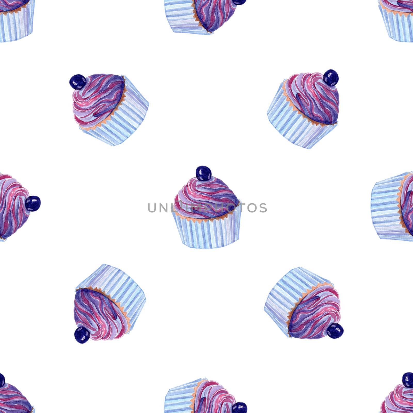 watercolor purple cupcakes seamless pattern on white background by dreamloud