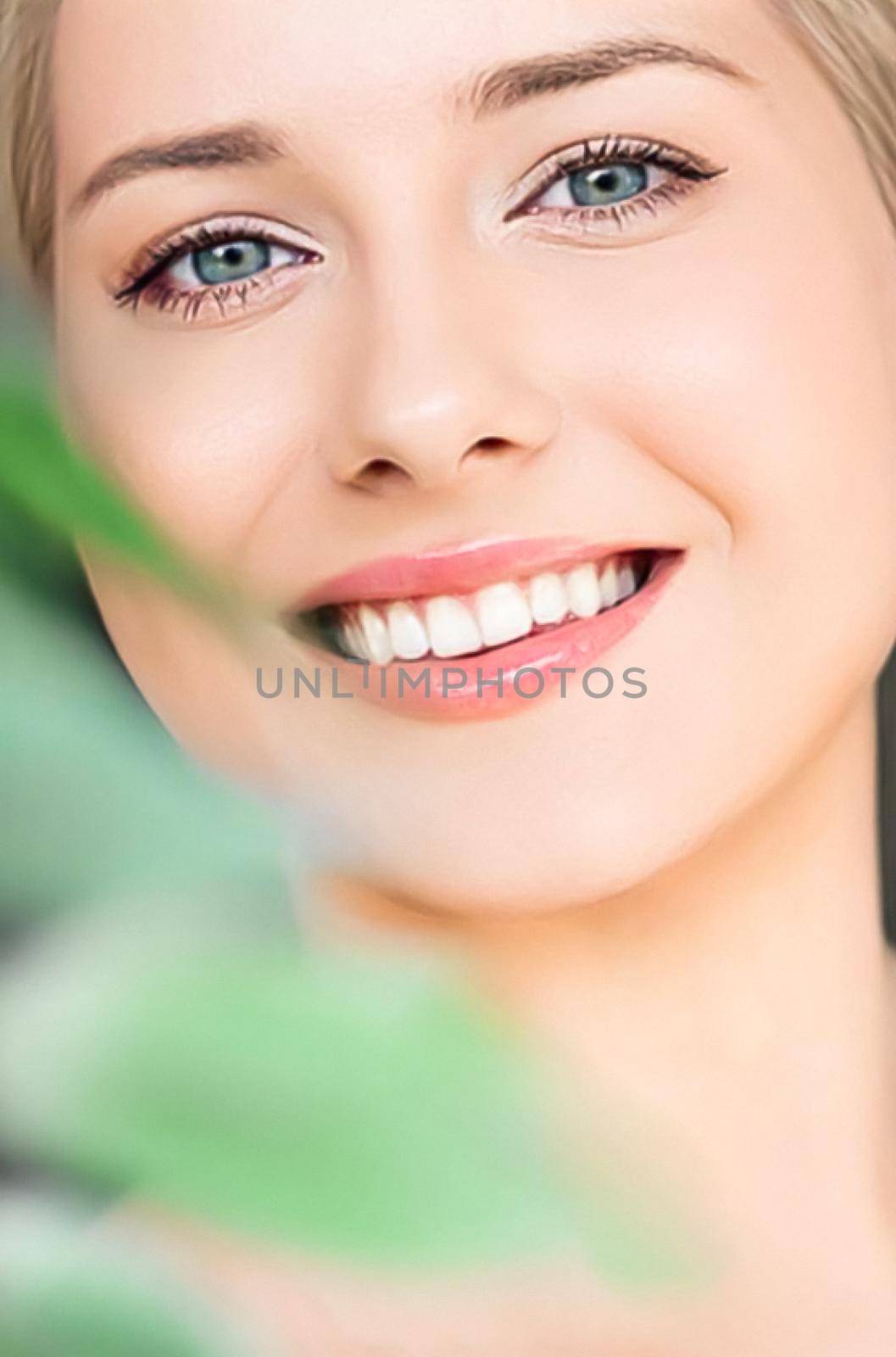 Natural beauty, perfect white teeth and healthy smile, beautiful woman in nature for skincare cosmetics and dental care by Anneleven