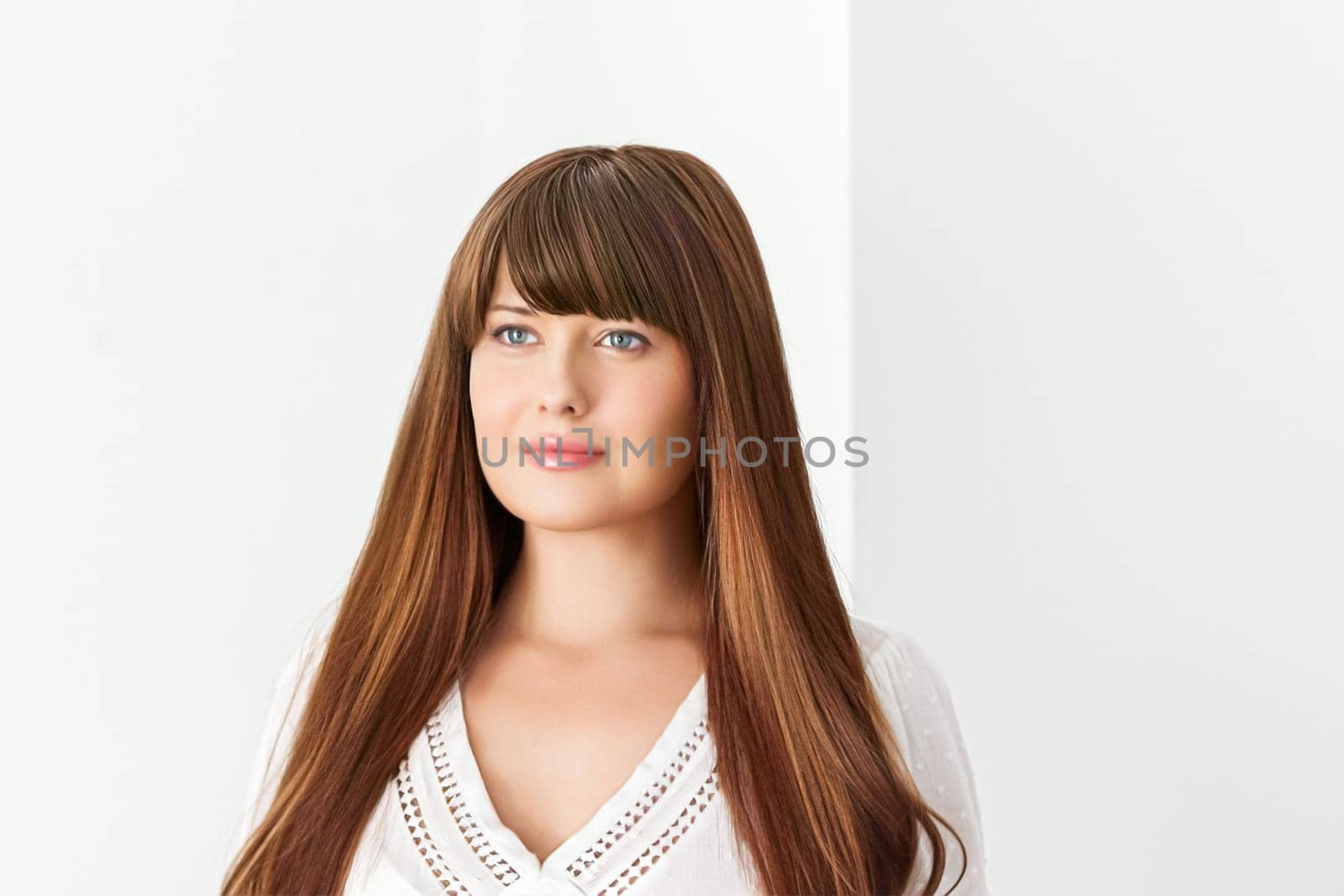 Natural beauty, haircare and feminine hairstyle, face portrait of beautiful woman with long hair on white background by Anneleven