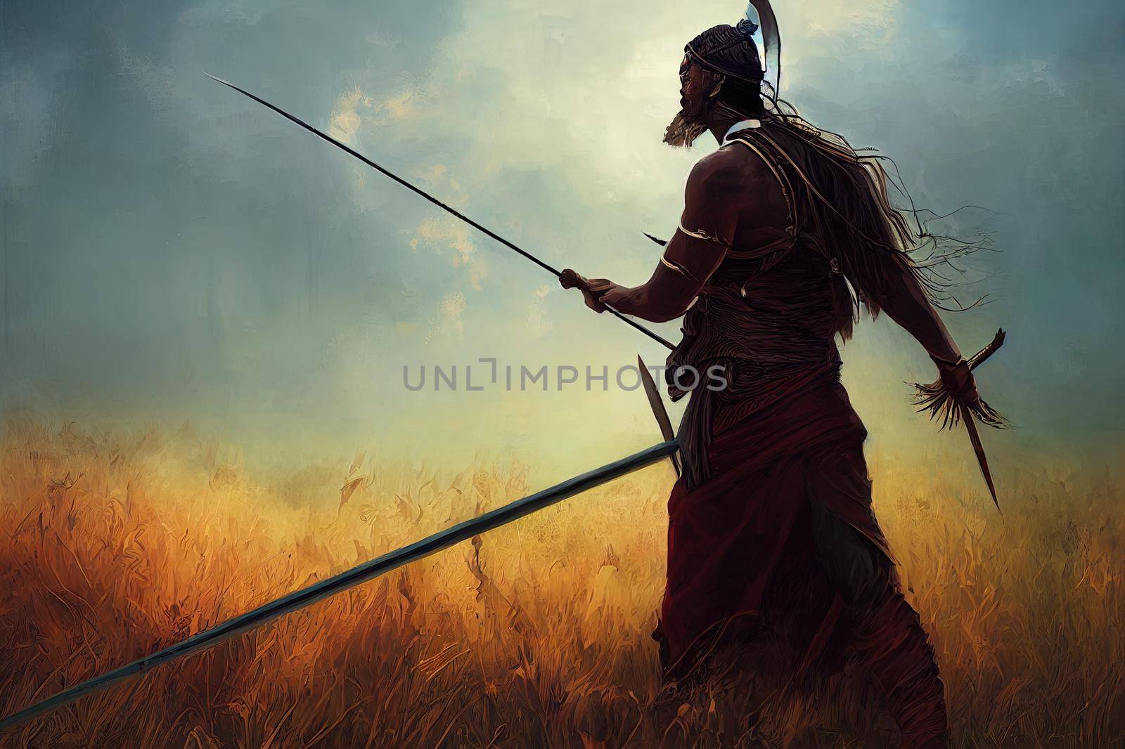 ancient warrior with the magic spear standing in the field, digital art style, illustration painting
