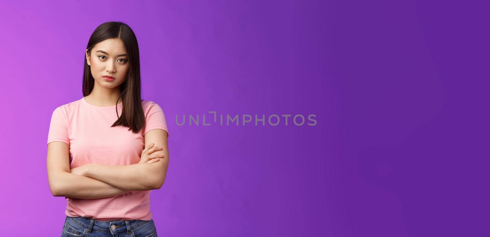 Bothered and pissed asian woman brunette, cross arms chest block, feeling offended annoyed, stare dismay disappointment, stand purple background upset irritated, fed up listen excuses.