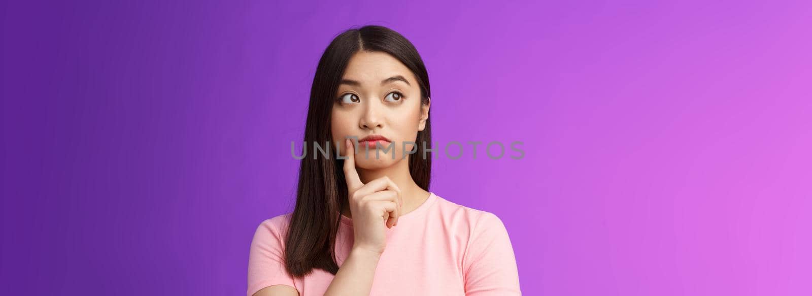 Close-up thoughtful cute asian girl dreamy standing purple background, touch cheek, turn left, thinking, doubting how act, wondering information, contemplating view from window by Benzoix