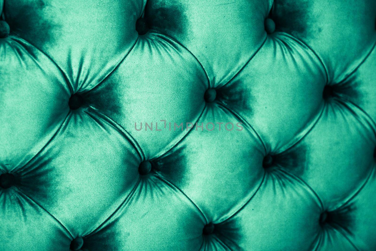 Furniture design, classic interior and royal vintage material concept - Emerald luxury velour quilted sofa upholstery with buttons, elegant green home decor texture and background