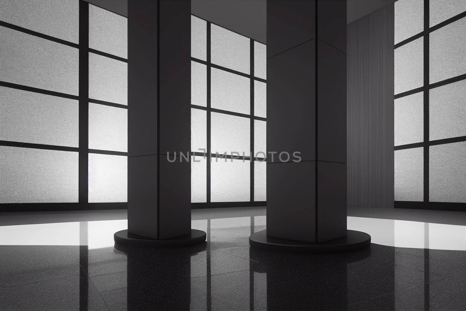 Reworked modern architecture photo featuring spacious empty area for text placement. Abstract business interior in minimalism or hi-tech design. 3d rendering