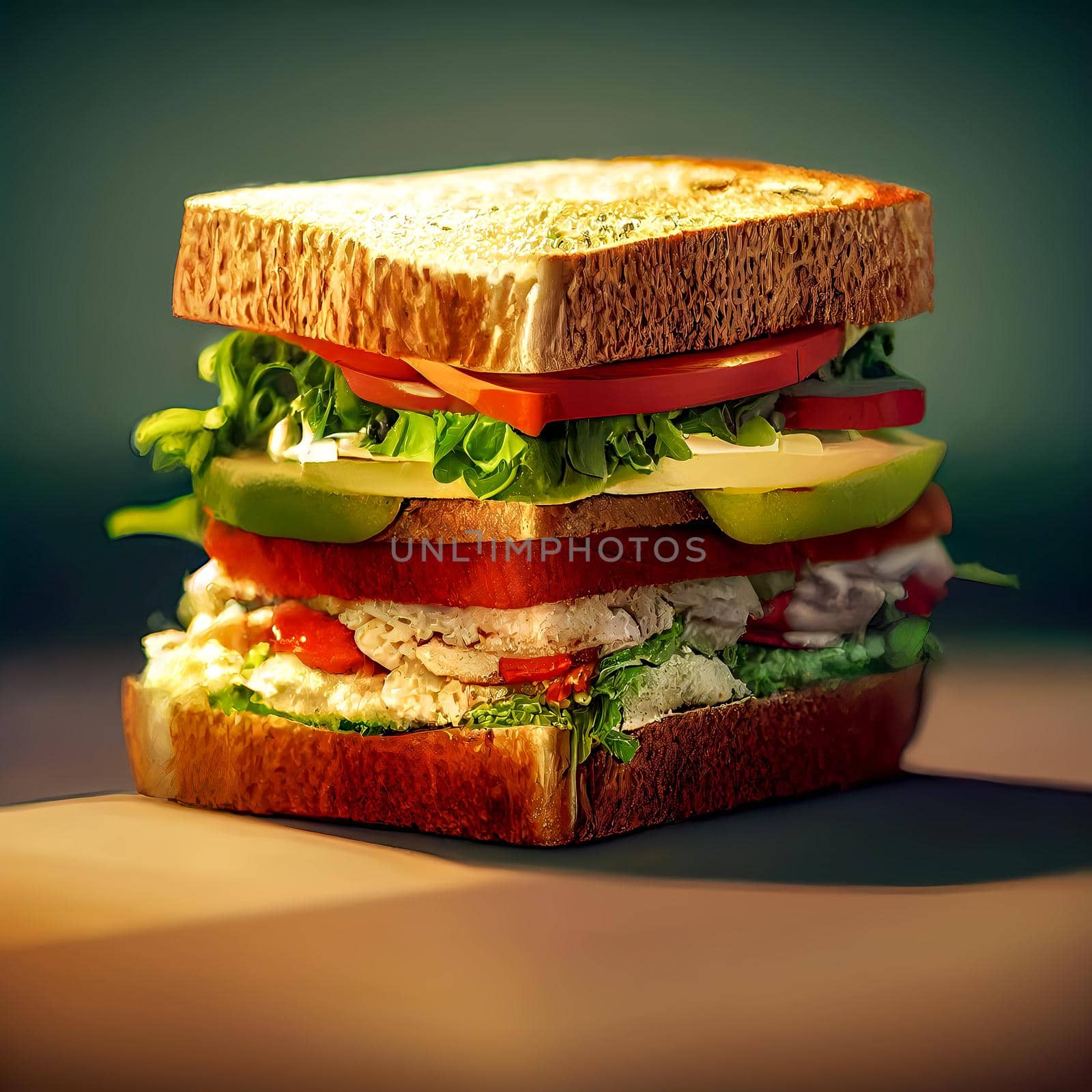 Big tasty sandwich with 2 slices of bread. Digital illustration by vmalafeevskiy