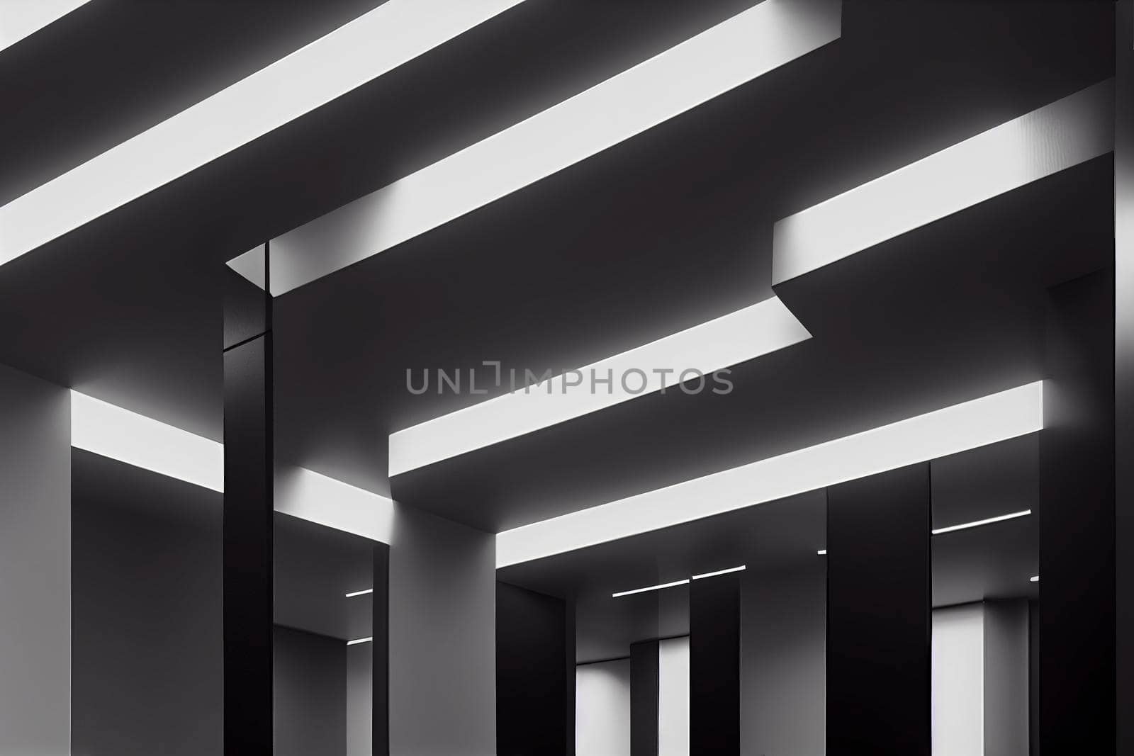 Reworked modern architecture photo featuring spacious empty area for text placement. Abstract business interior in minimalism or hi-tech design. 3d rendering