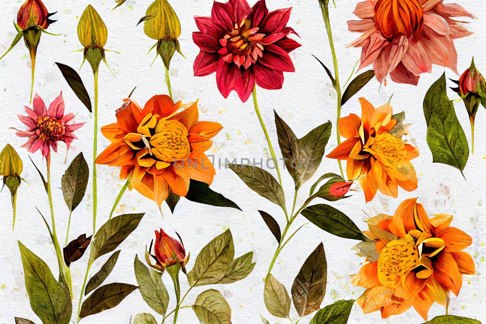 Watercolor autumn bouquet of dahlia, rose, physalis and leaves. Hand painted meadow flowers isolated on white background. Floral wild illustration for design, print, fabric or background.