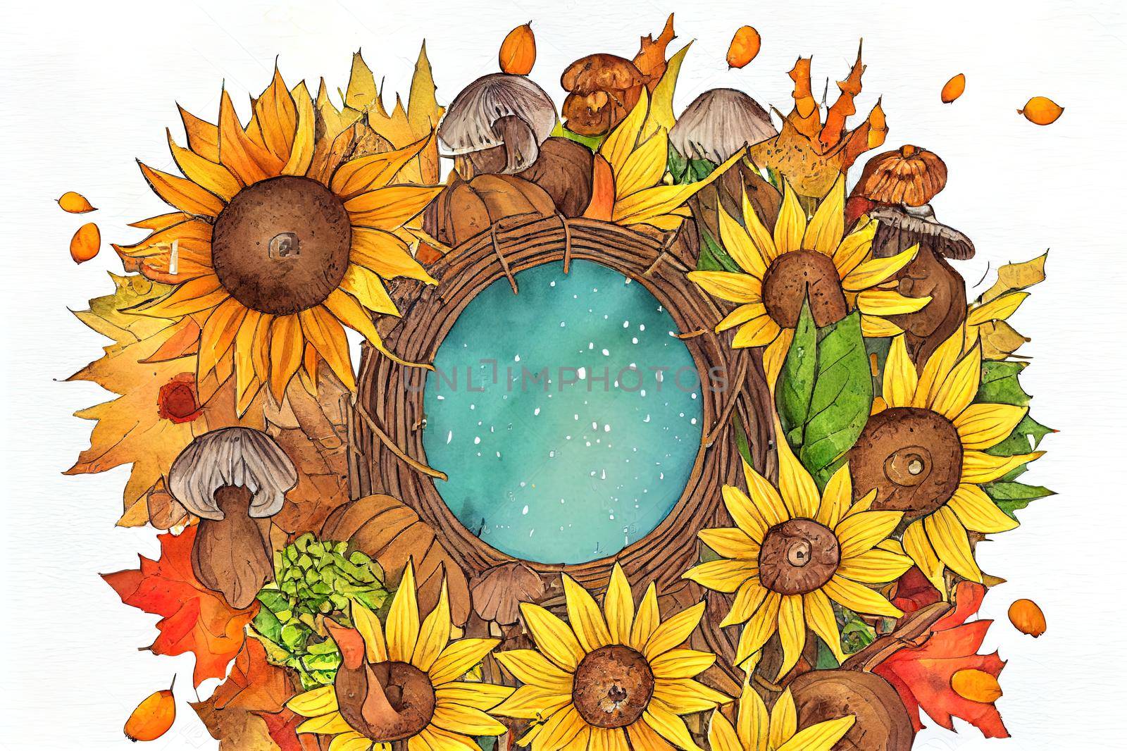 Watercolor autumn round wreath with sunflower, pumpkin, mushrooms and acorns. Fall season illustration on white background. Autumn frame