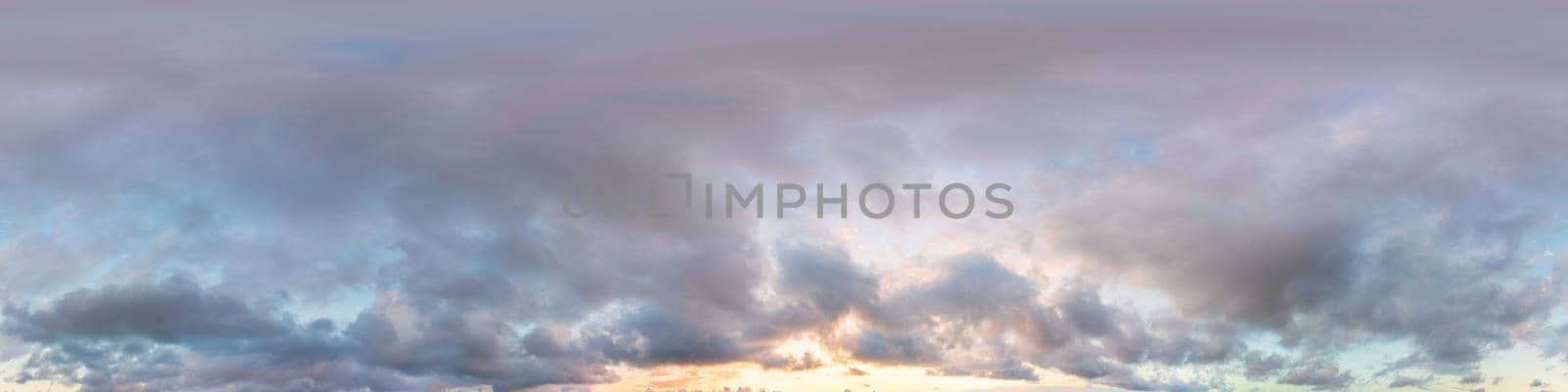 Dark blue sunset sky panorama with pink Cumulus clouds. Seamless hdr 360 pano in spherical equirectangular format. Full zenith for 3D visualization, game, sky replacement for aerial drone panoramas
