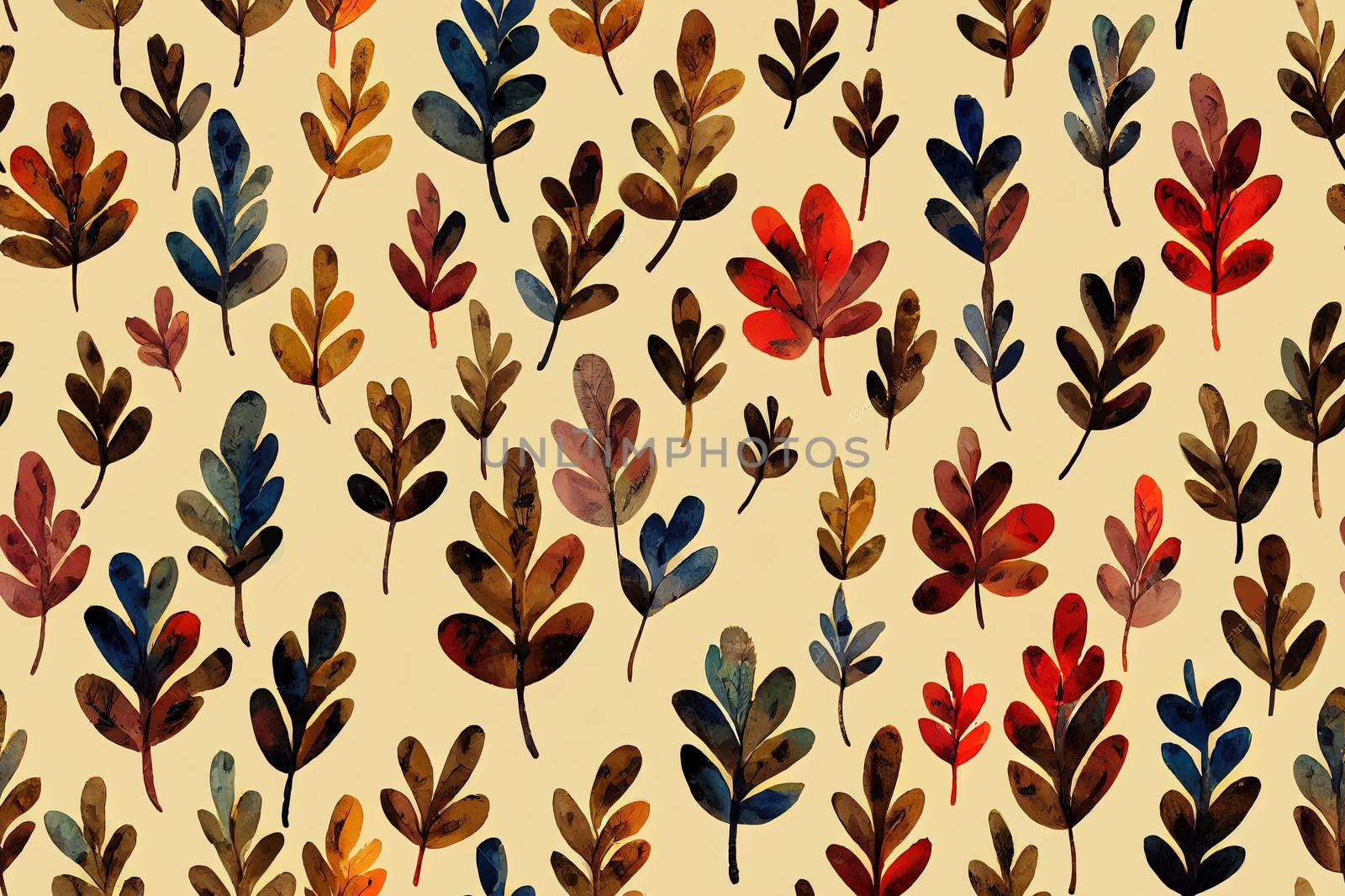 Beautiful seamless pattern with watercolor fall leaves and flowers for decoration design. Floral compositions. Hand drawn illustration. Natural autumn background, wallpaper, textile design