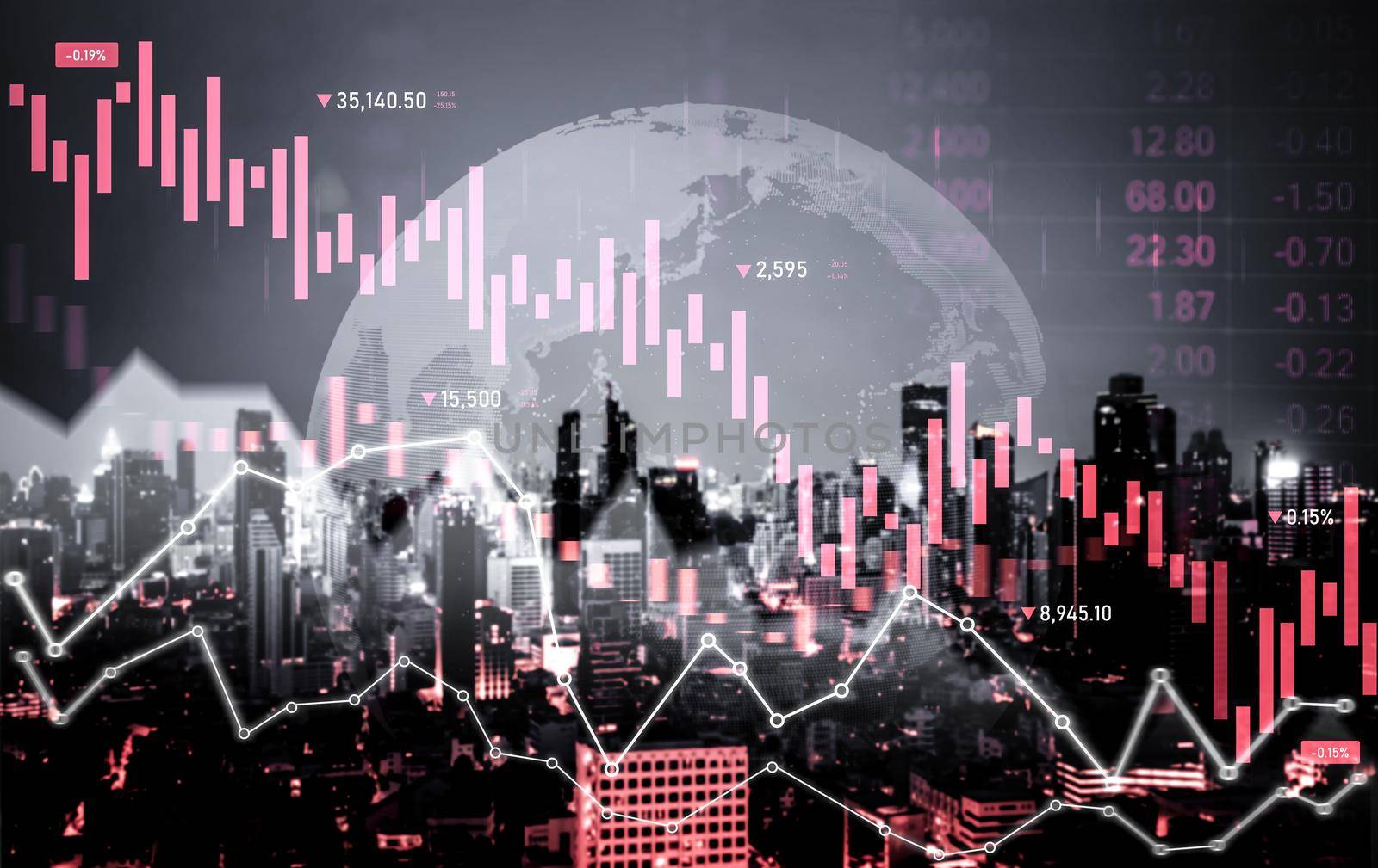 Economic crisis concept graphs falling down with modernistic urban, city area. by biancoblue