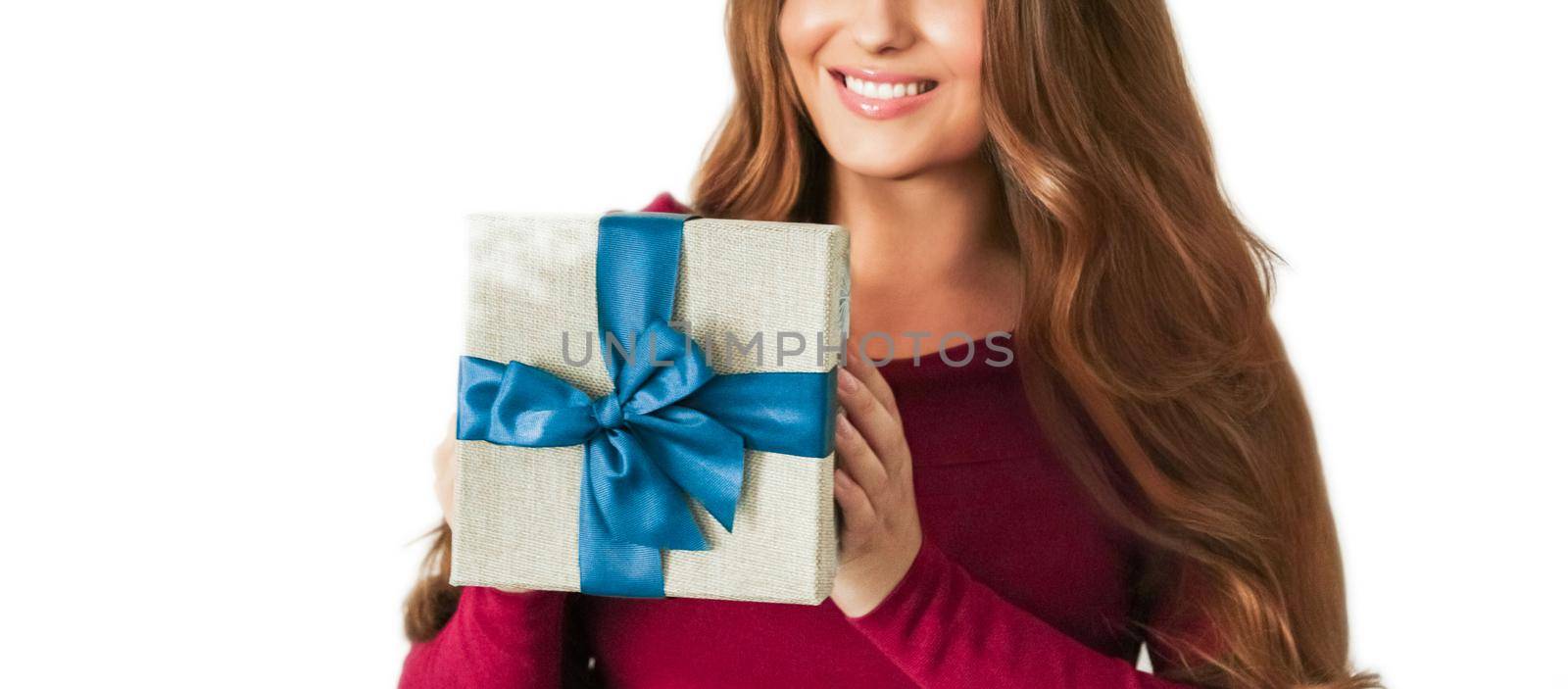 Birthday, Christmas or holiday present, happy woman holding a green gift or luxury beauty box subscription delivery isolated on white background, portrait