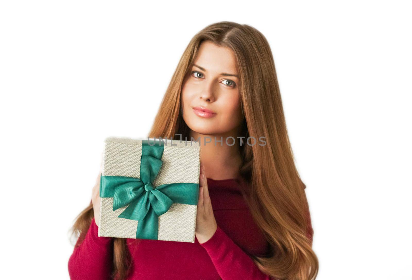 Christmas holiday present, happy woman holding a gift or luxury beauty box subscription delivery isolated on white background by Anneleven