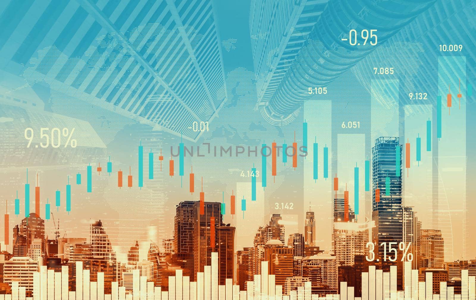 Stock market business concept. Financial graphs and digital indicators with modernistic urban area and skyscrapers as background. Double Exposure.