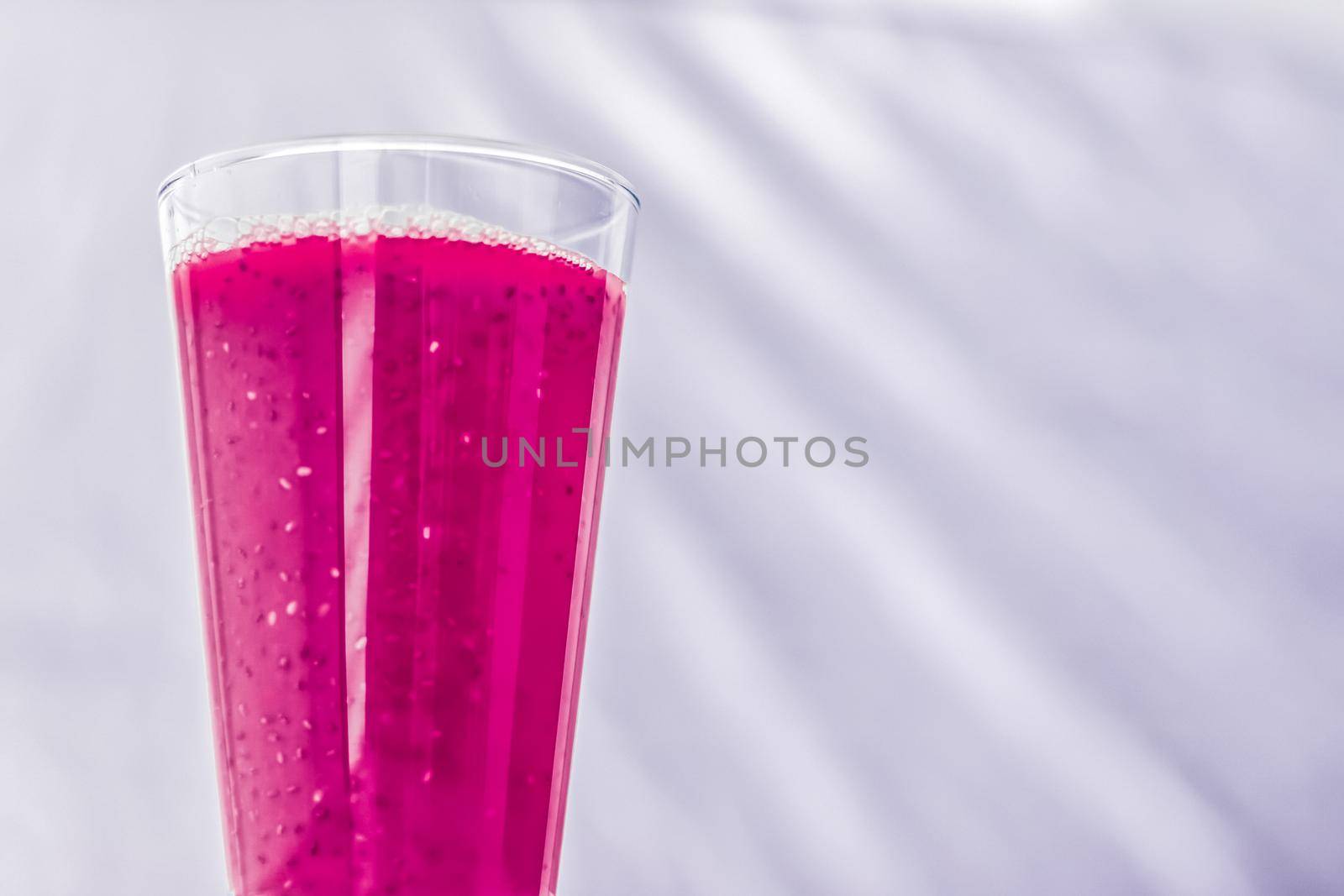 Branding, fasting and cleanse concept - Berry fruit juice in glass, vegan smoothie with chia for diet detox drink and healthy natural breakfast recipe, organic exotic food and nutrition brand design