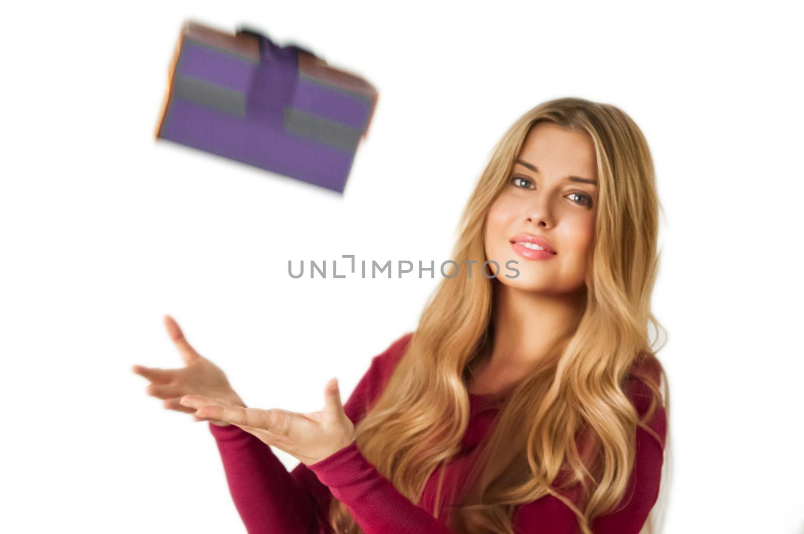 Birthday, anniversary, wedding, Valentines day or Christmas, luxury holiday present or beauty box subscription delivery, happy woman with a gift falling in her hands isolated on white background, portrait