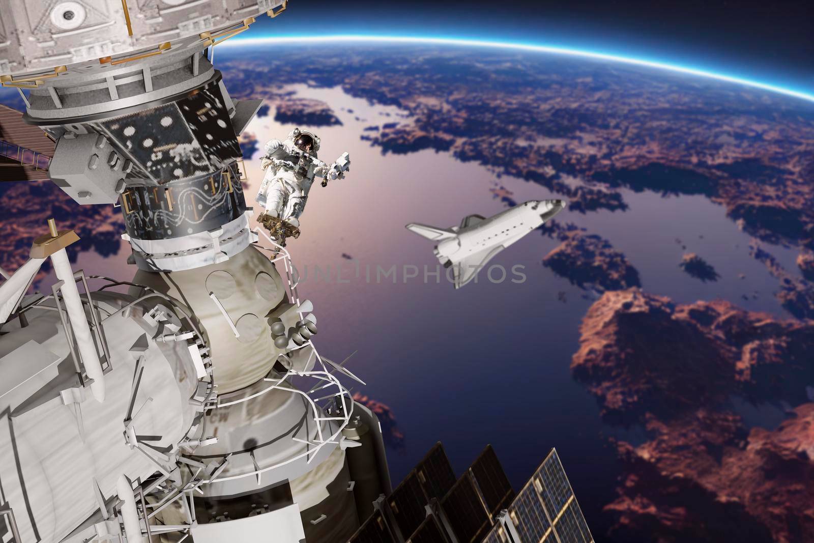International space station on orbit of Earth planet. ISS. Dark background. Elements of this image furnished by NASA