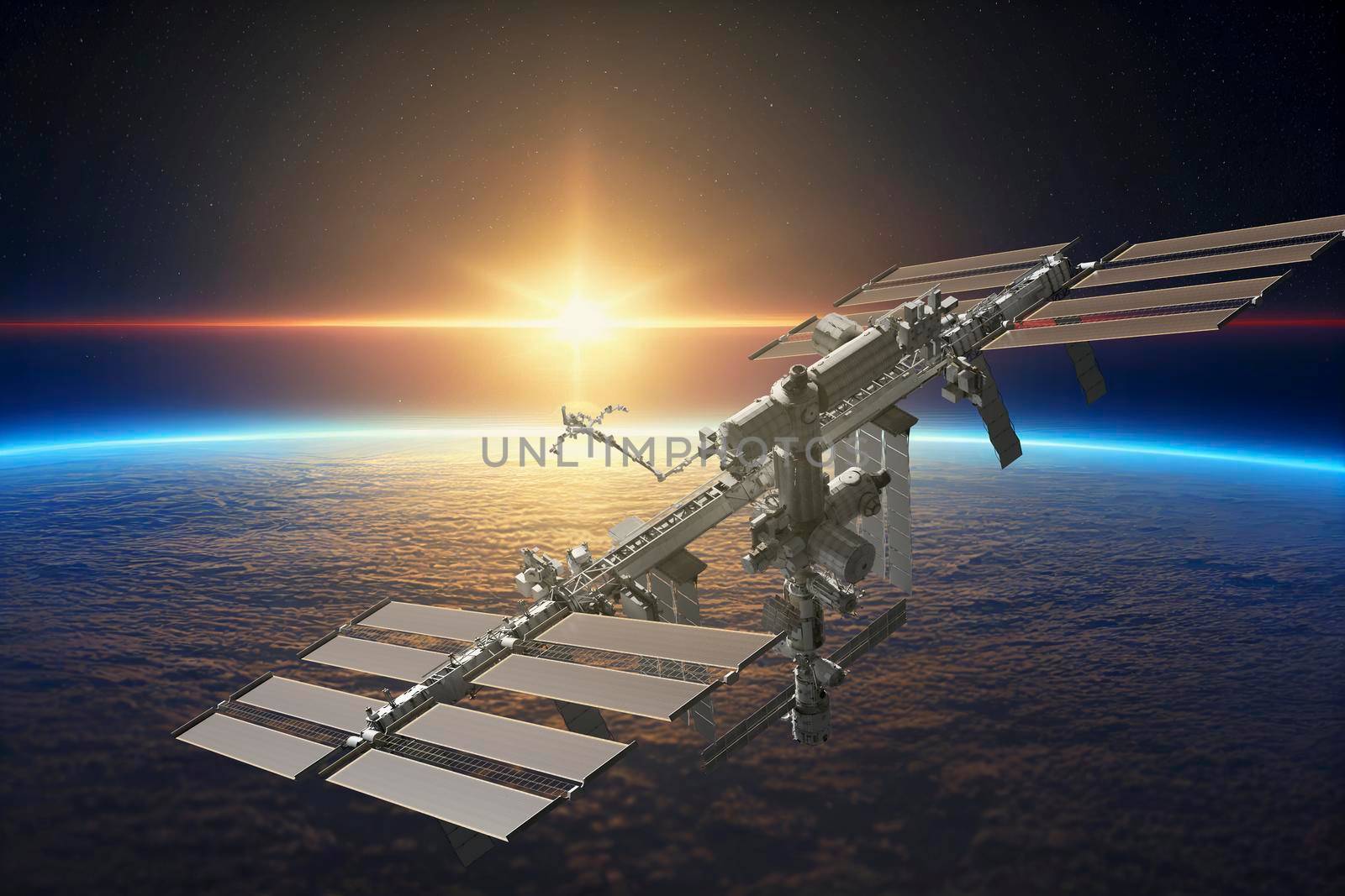International space station on orbit of Earth planet. ISS. Dark background. Elements of this image furnished by NASA