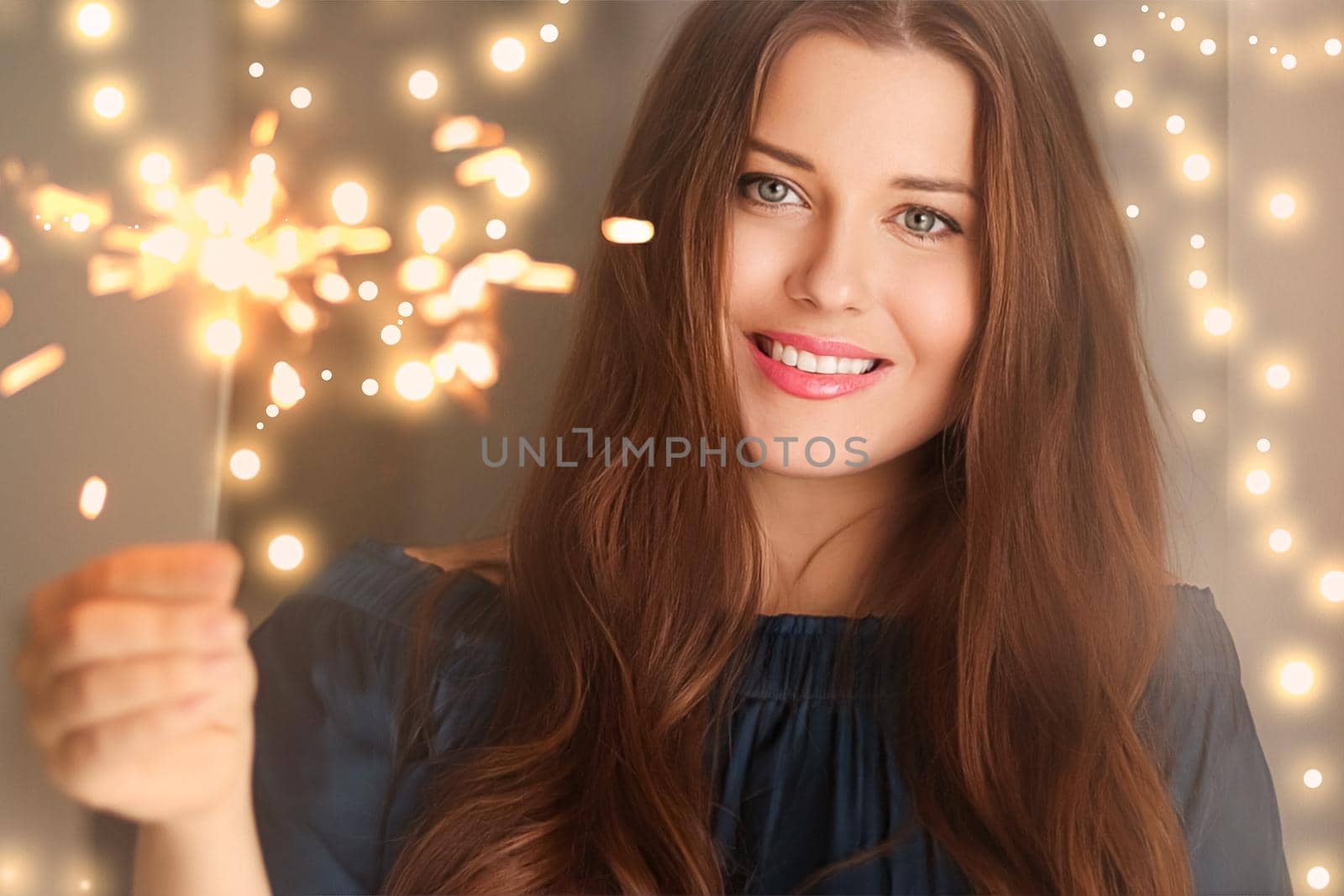 Holiday magic, Christmas and New Year celebration, happy woman with sparklers by Anneleven