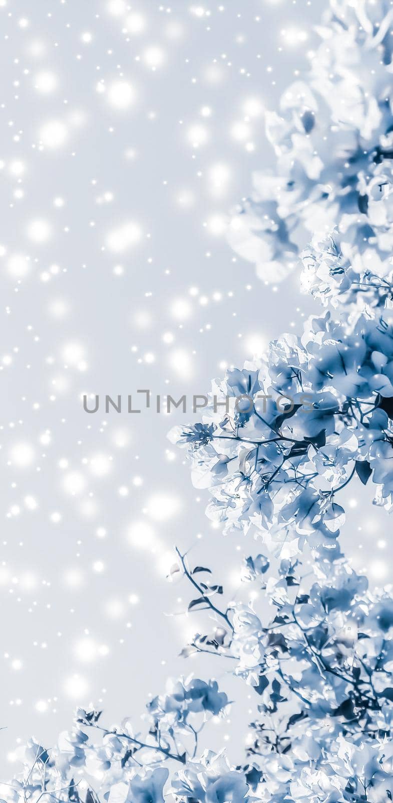 Magical, branding and festive concept - Christmas, New Years blue floral nature background, holiday card design, flower tree and snow glitter as winter season sale backdrop for luxury beauty brand