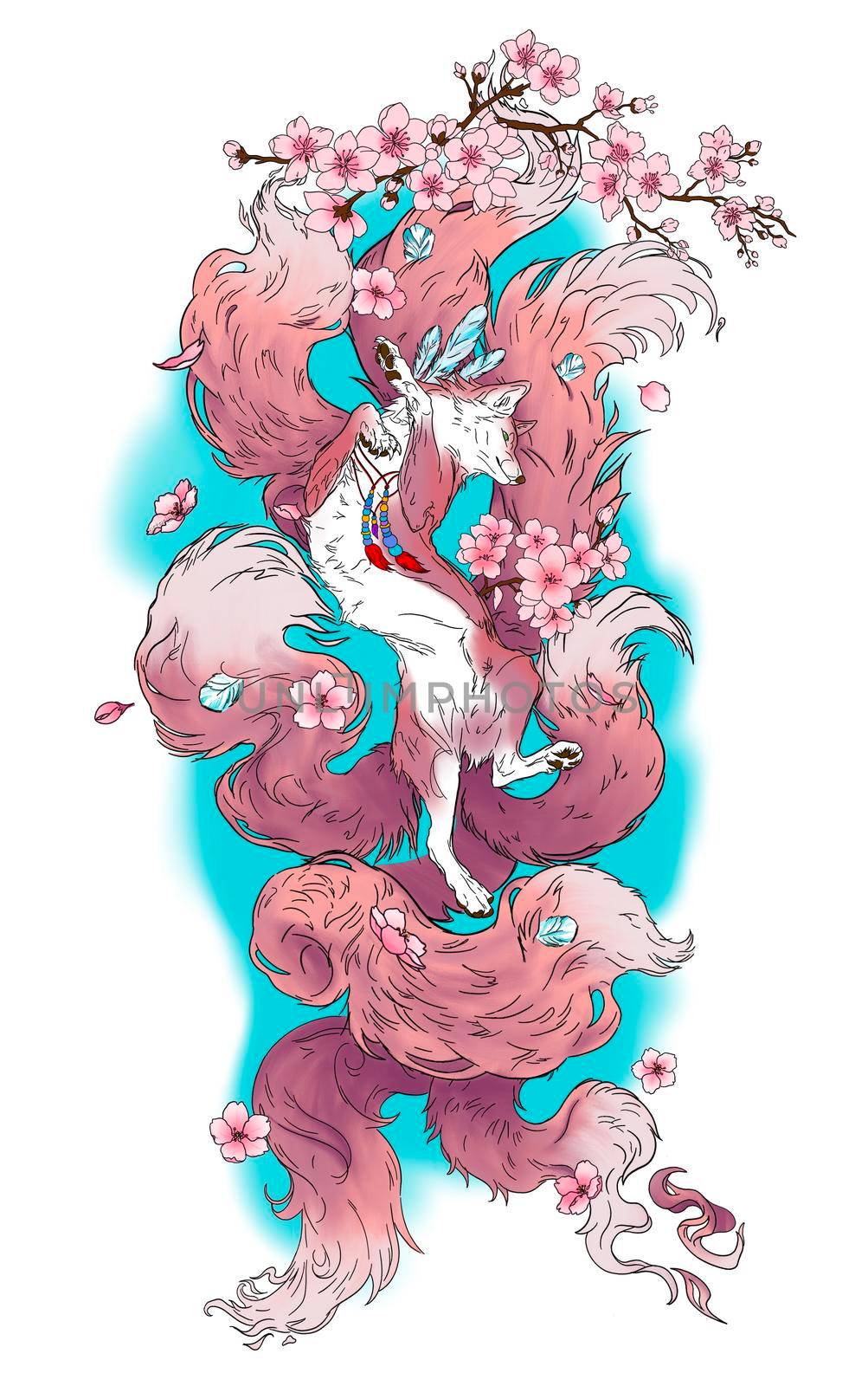 fox with nine tails and a sprig of sakura in gentle colors by kr0k0