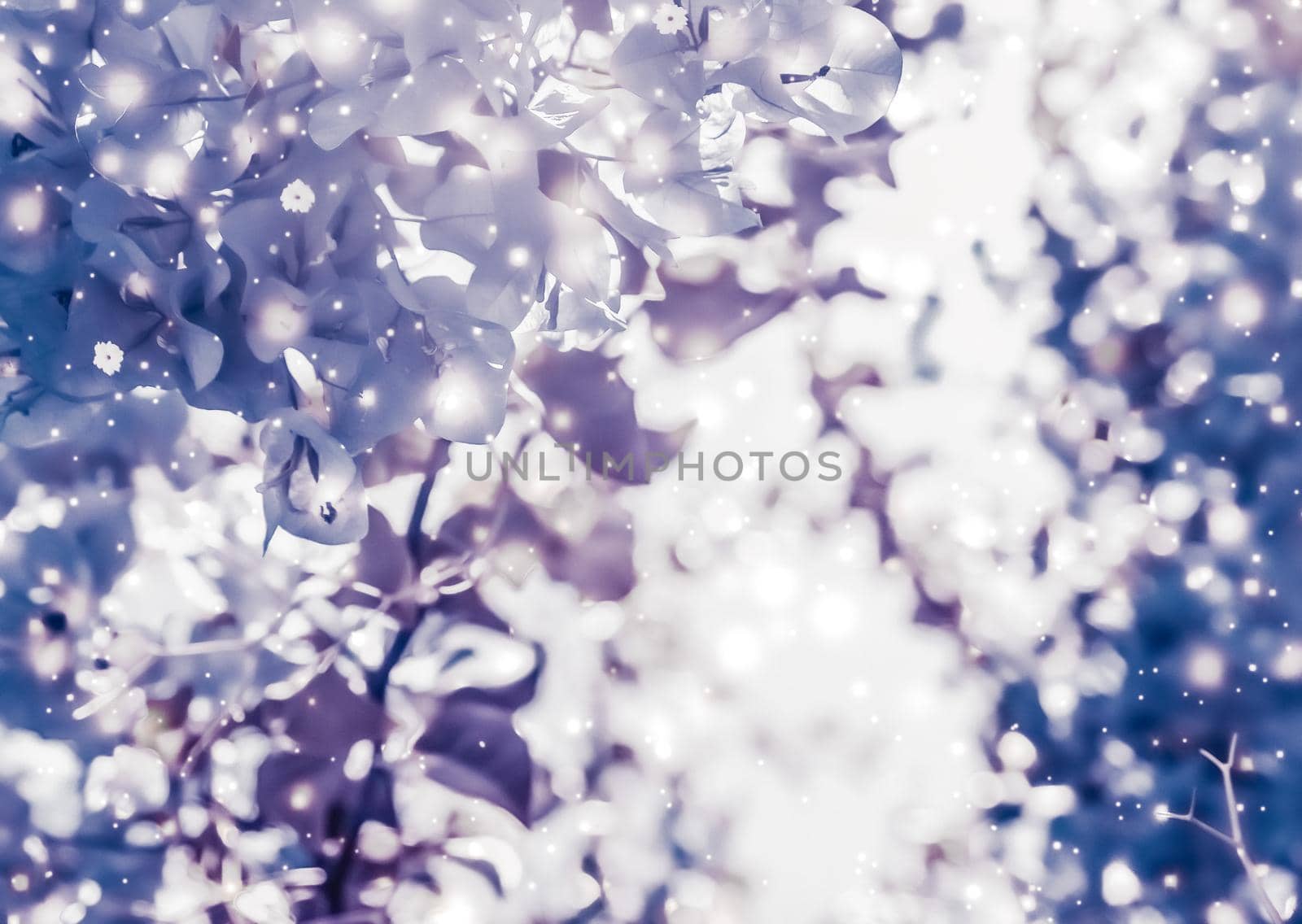 Magical, branding and festive concept - Christmas, New Years purple floral nature background, holiday card design, flower tree and snow glitter as winter season sale backdrop for luxury beauty brand