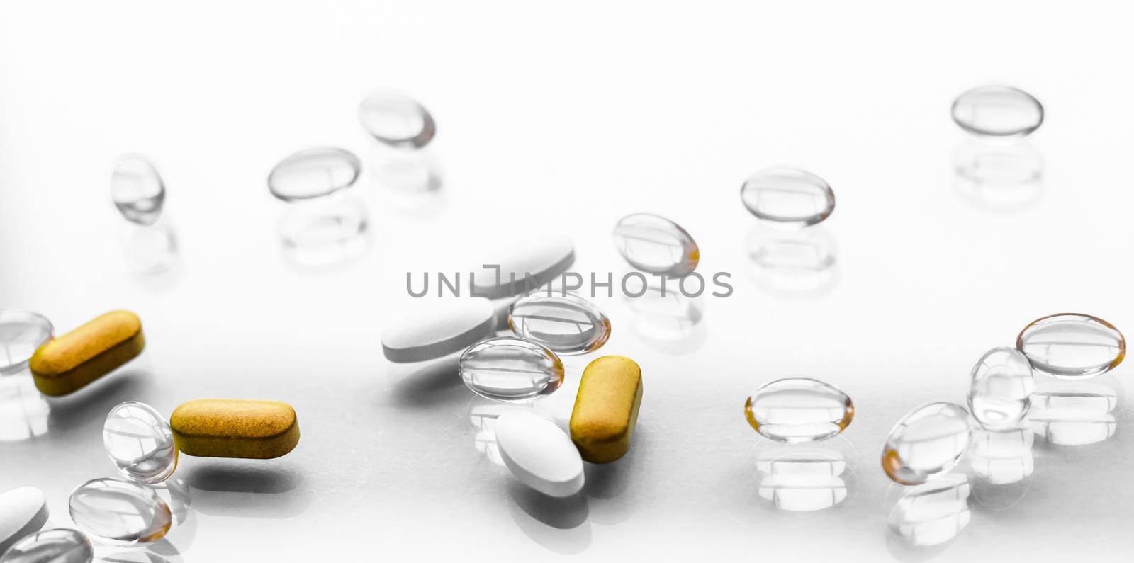 Pharma, branding and lab concept - Pills and capsules for diet nutrition, anti-aging beauty supplements, probiotic drugs, pill vitamins as medicine and healthcare cosmetics, pharmacy brand background