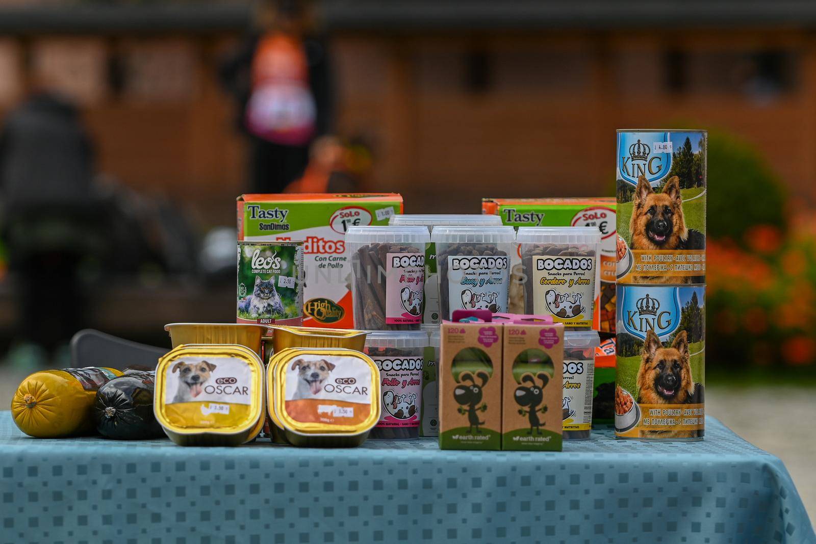 La Massana, Andorra. 2022 October 01 . Dog food stand at the animal fair in La Massana in Andorra in 2022.