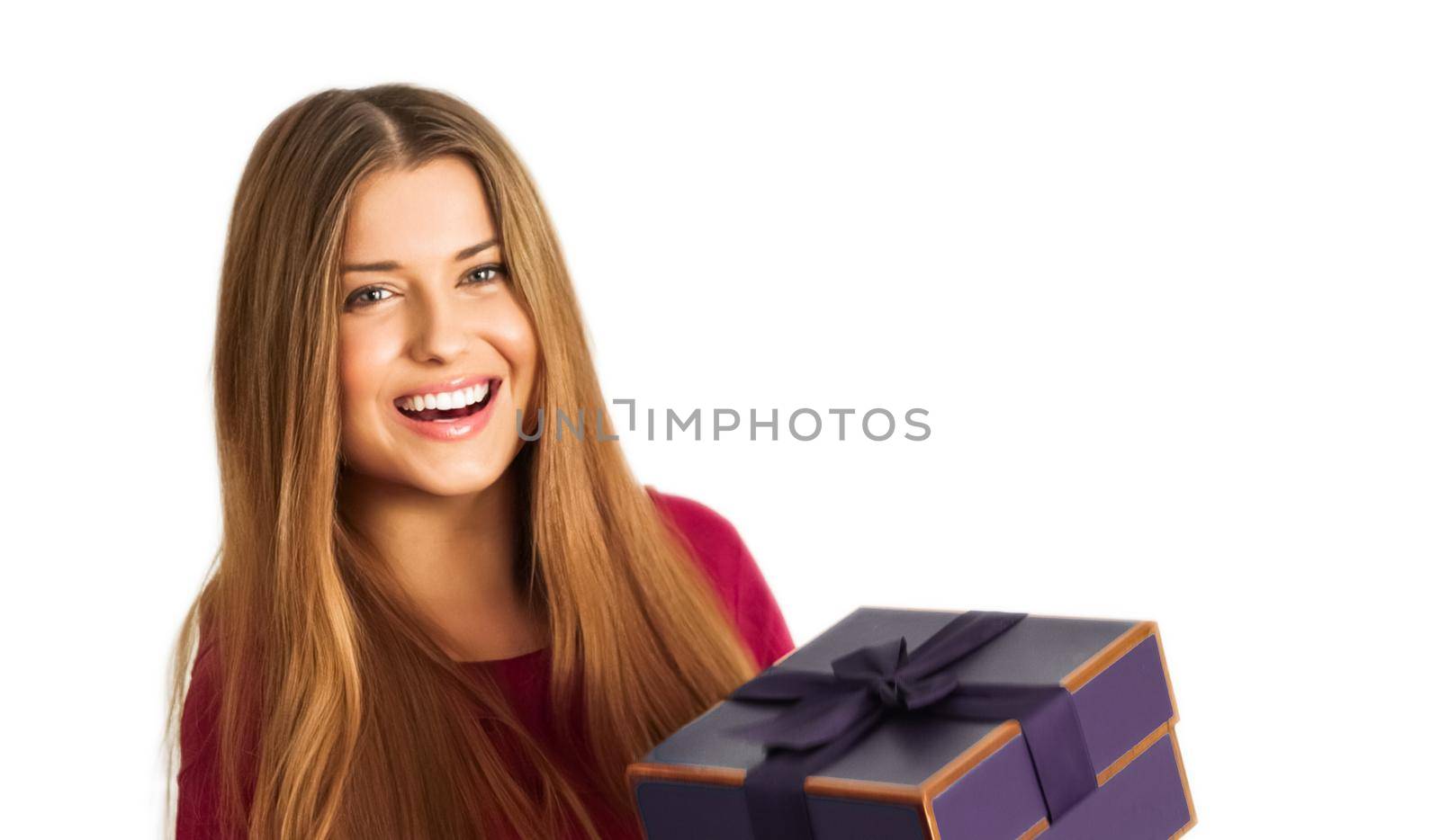 Birthday, Christmas or holiday present, happy woman holding a purple gift or luxury beauty box subscription delivery isolated on white background by Anneleven