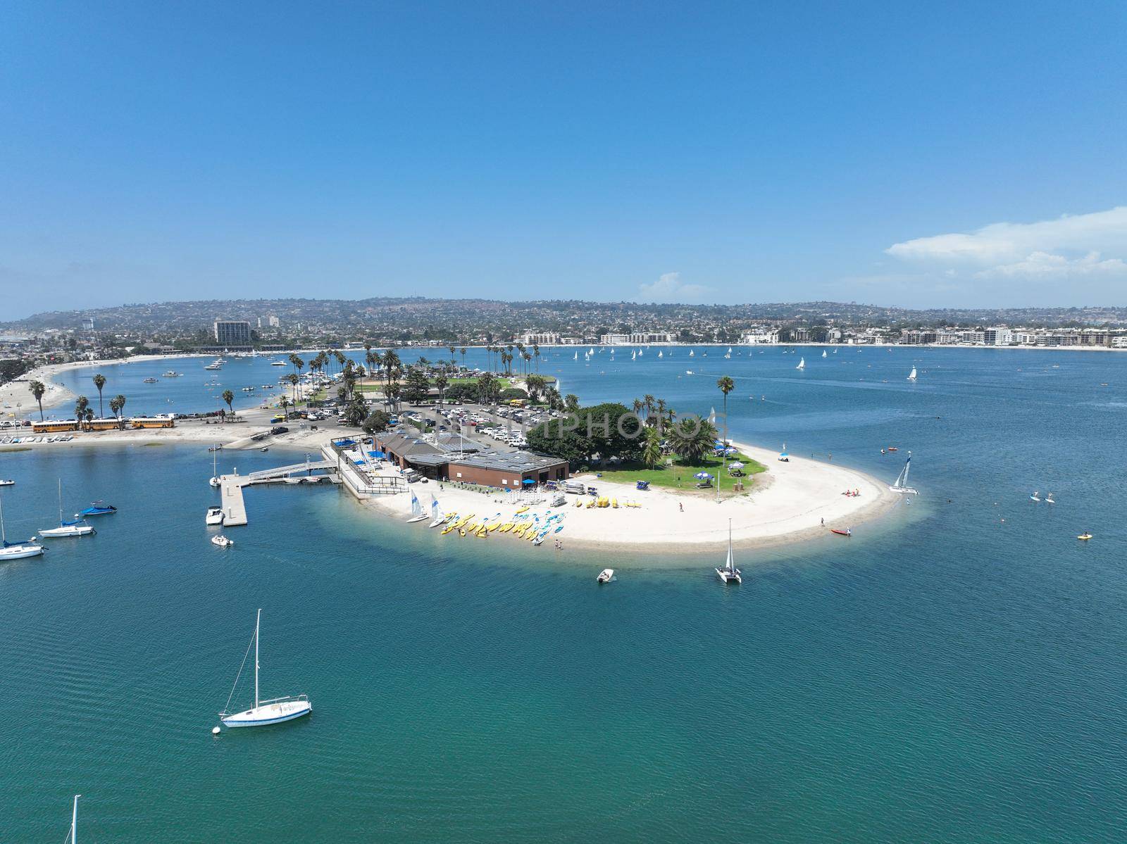 Aerial view of boats and kayaks in Mission Bay water sports zone in San Diego. Famous tourist destination, California. USA. August 22nd, 2022
