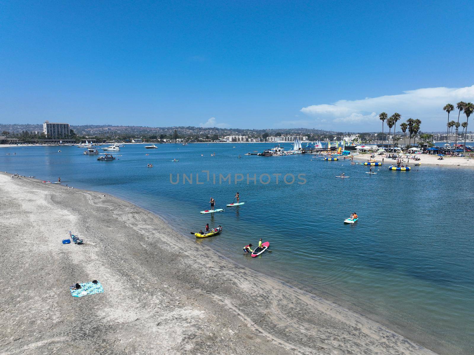 Aerial view of boats and kayaks in Mission Bay water sports zone in San Diego, California. USA. by Bonandbon