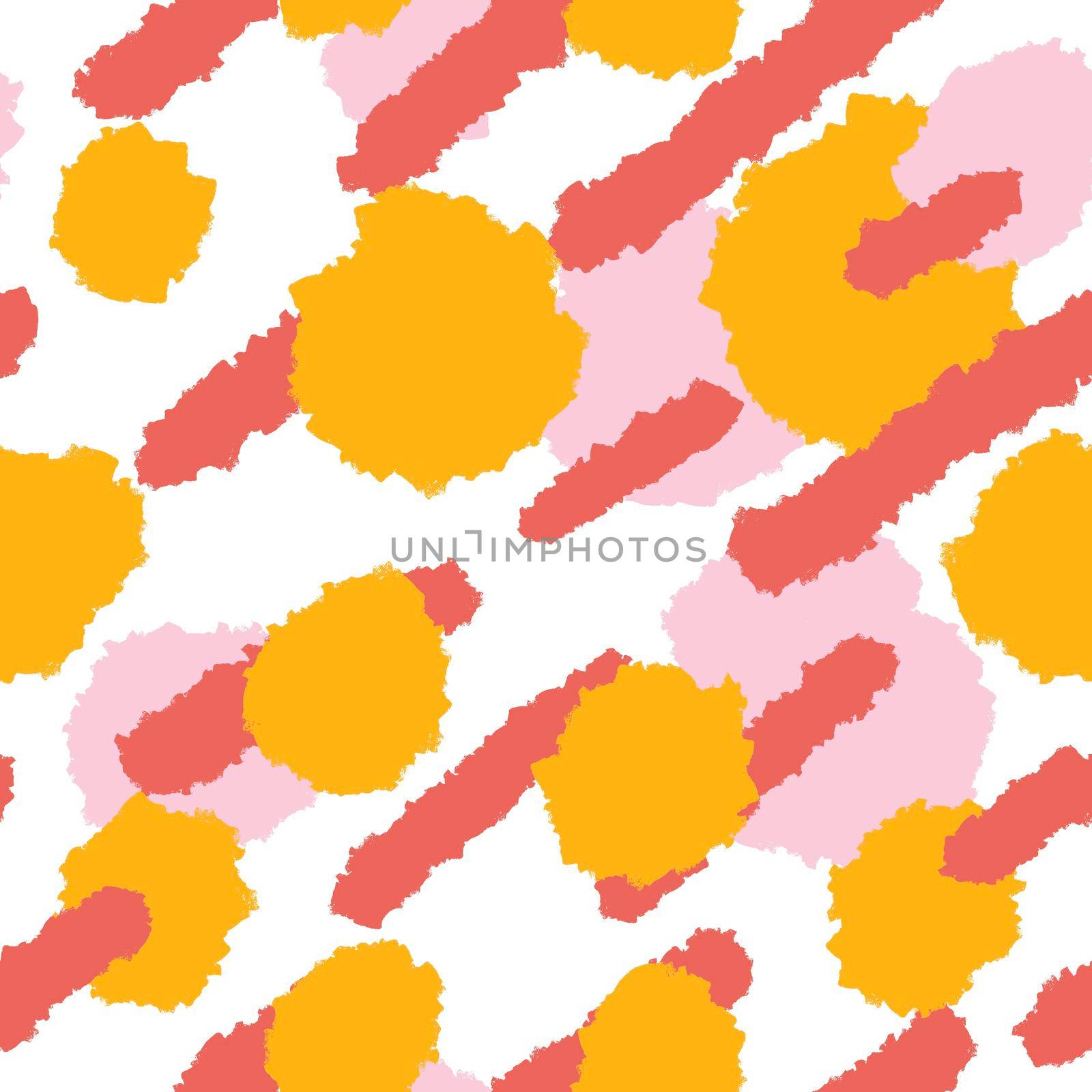 Hand drawn seamless pattern with geometric abstract shapes in red orange yellow colors. Mid century modern background for fabric print wallpaper wrapping paper. Contemporary trendy fluid design. by Lagmar