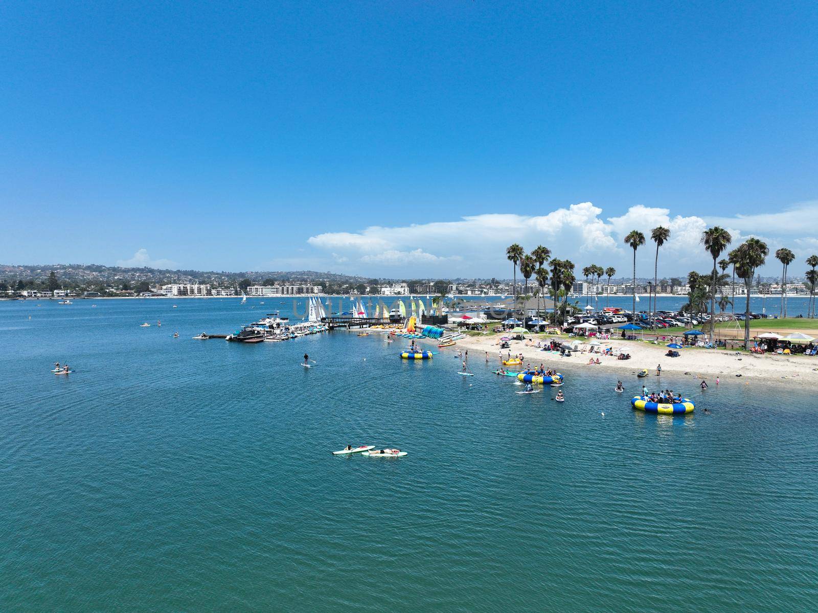Aerial view of Mission Bay water sports zone in San Diego. Famous tourist destination, California. USA. August 22nd, 2022