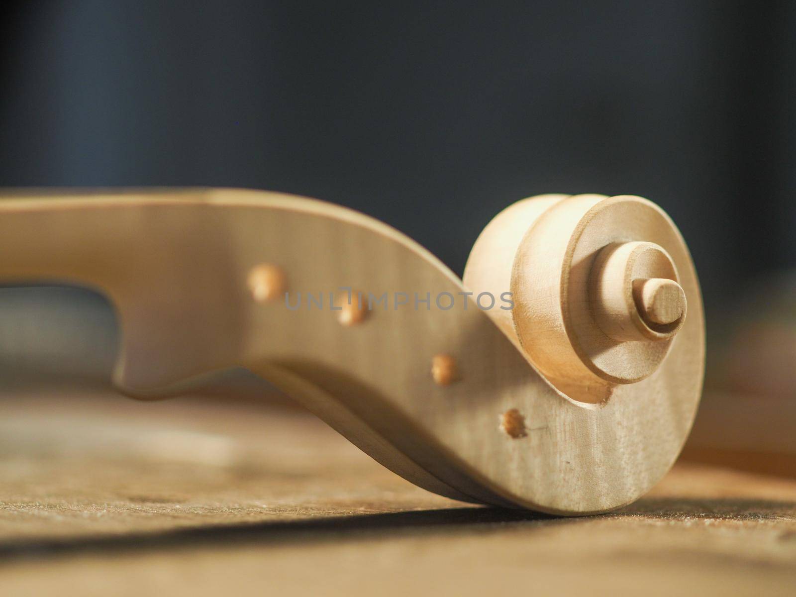 Wooden detail of the head of the violin. Raw wood, texture