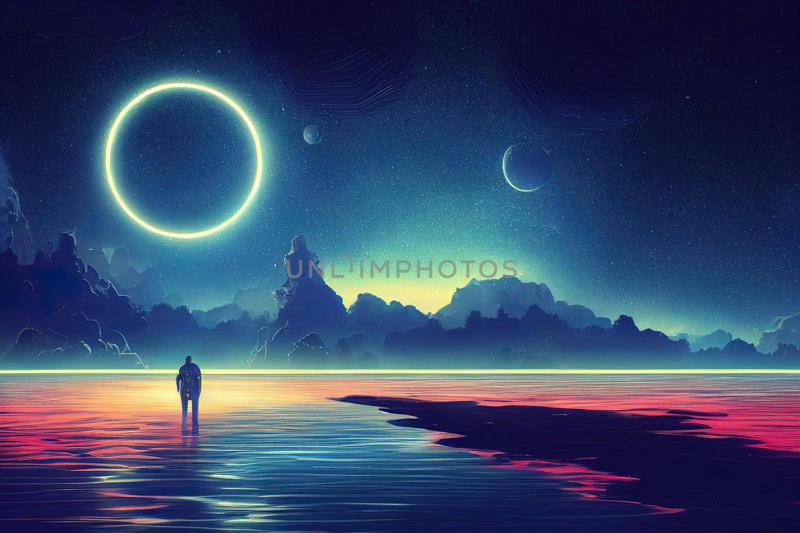 Futuristic fantasy night landscape with abstract landscape and island, moonlight, radiance, moon, neon. Dark natural scene with light reflection in water. Neon space galaxy portal. 3D illustration.