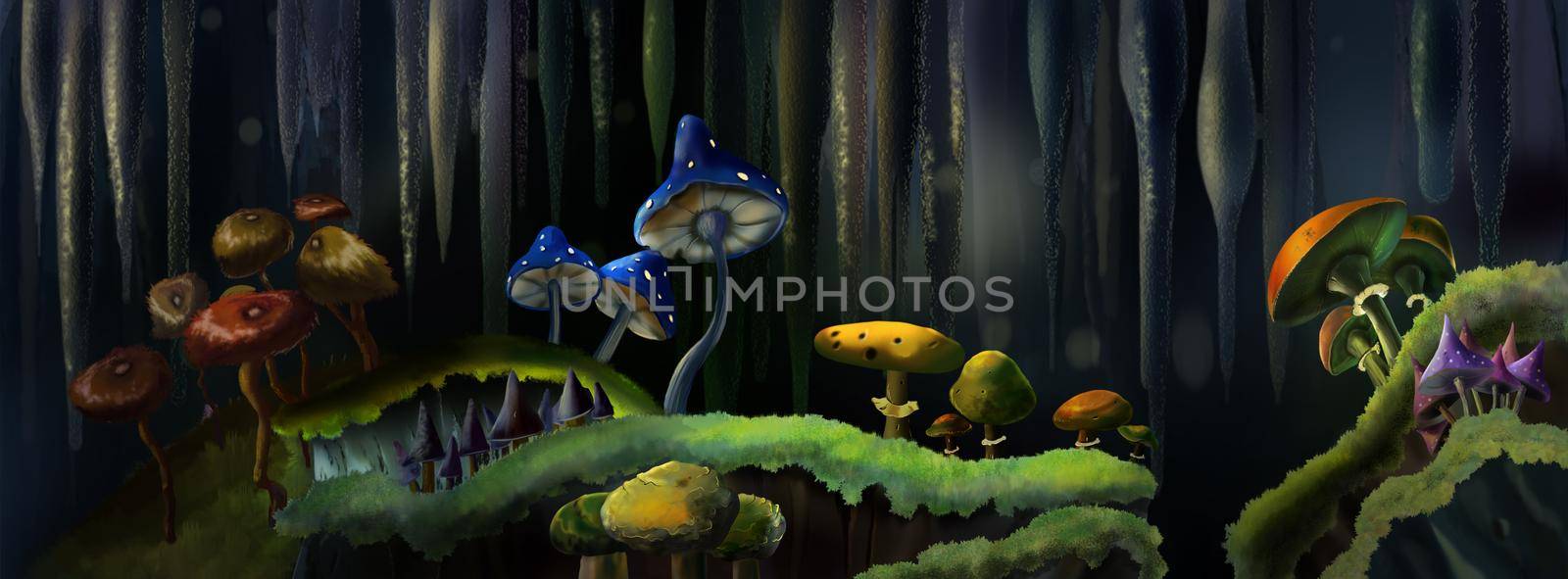 Magic mushrooms in a fairy tale cave. Digital Painting Background, Illustration.